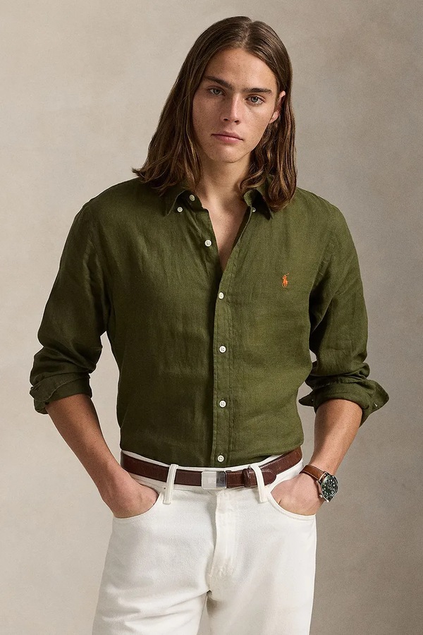 Рубашка мужская льняная Polo Ralph Lauren Long Sleeve Sport Shirt цвет зеленый