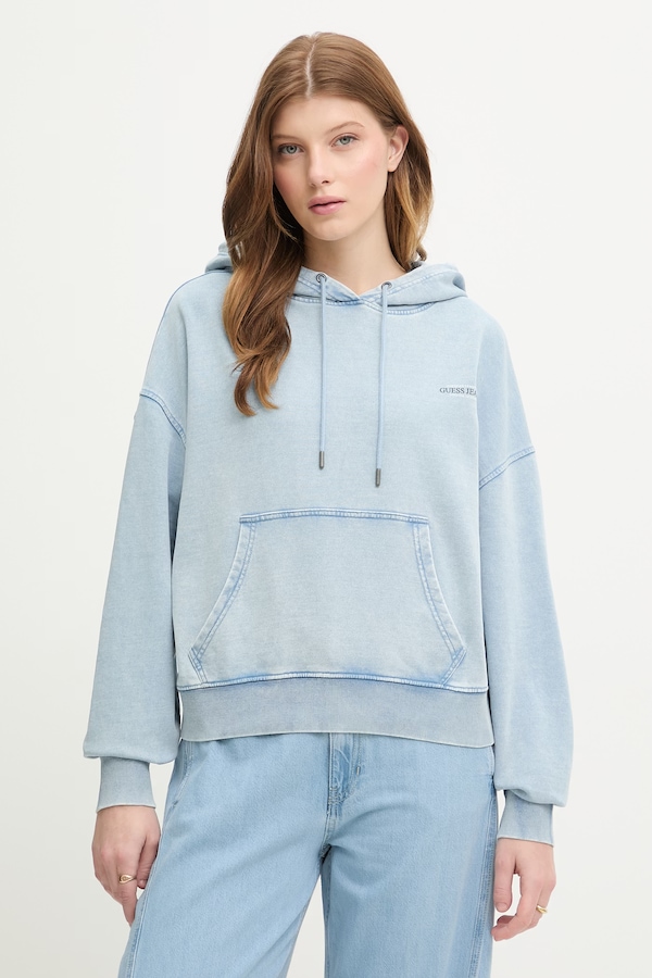 Кофта з капюшоном жіноча бавовняна Guess Jeans колір блакитний