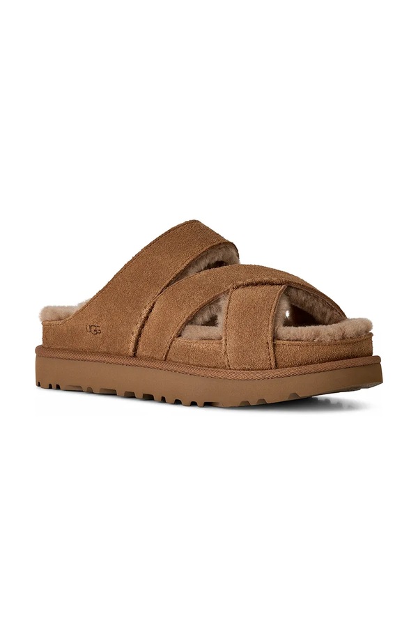 Замшеві шльопанці UGG W Greenport Cross Strap Slide колір коричневий