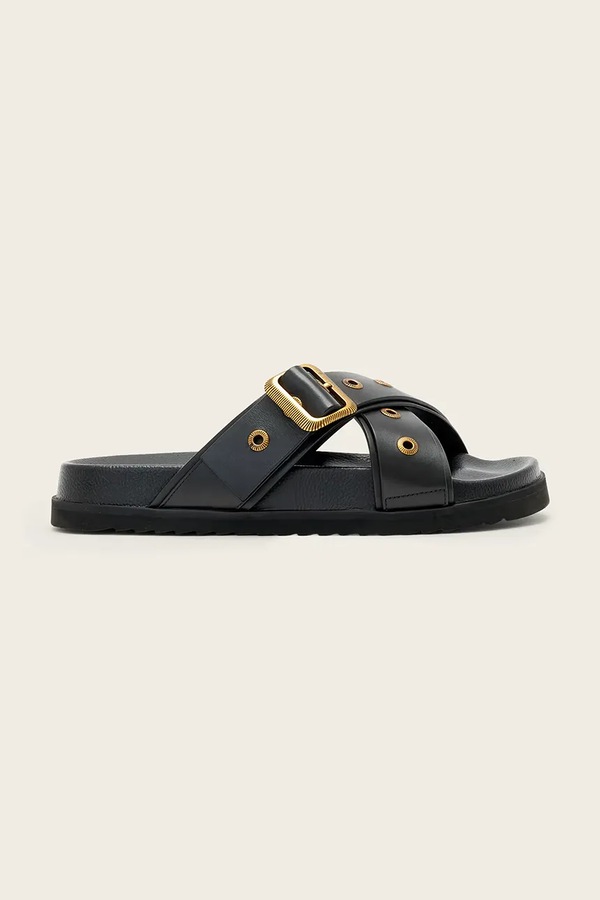 Шльопанці на пласкому підборі шкіряні AllSaints Suki Western Sandal колір чорний