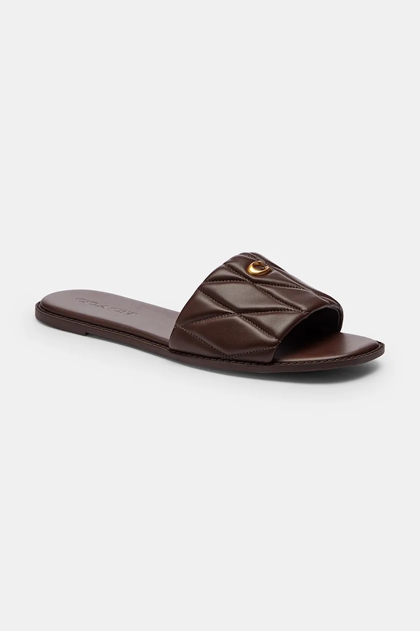 Шльопанці на пласкому підборі жіночі шкіряні Coach Holly Quilted Leather Sandal колір коричневий