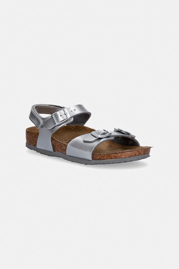 Босоножки детские кожаные Birkenstock Rio AS Kids Flowers цвет серебряный