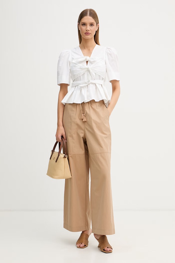 Штани wide leg жіночі з бавовною Sisley колір бежевий