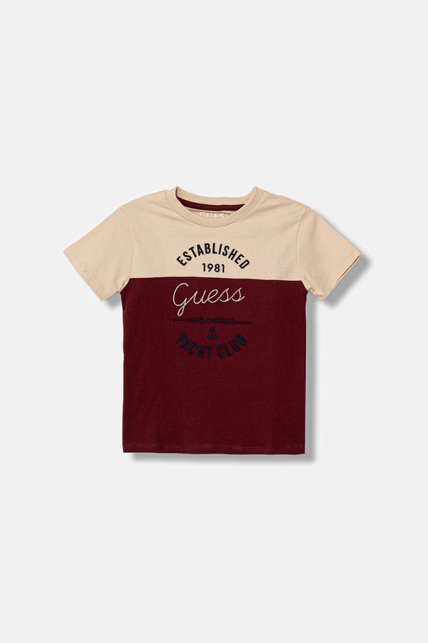 Дитяча бавовняна футболка Guess колір бордовий