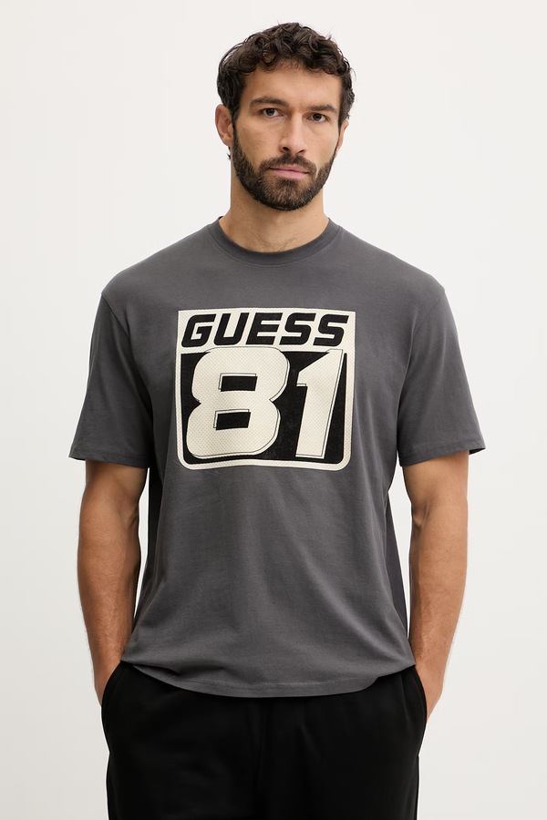 Бавовняна футболка Guess OPA колір сірий