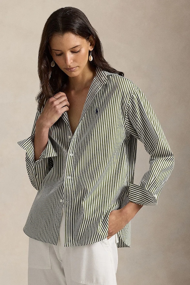 Polo Ralph Lauren cămașă pentru femei din bumbac verde cu dungi 211910743
