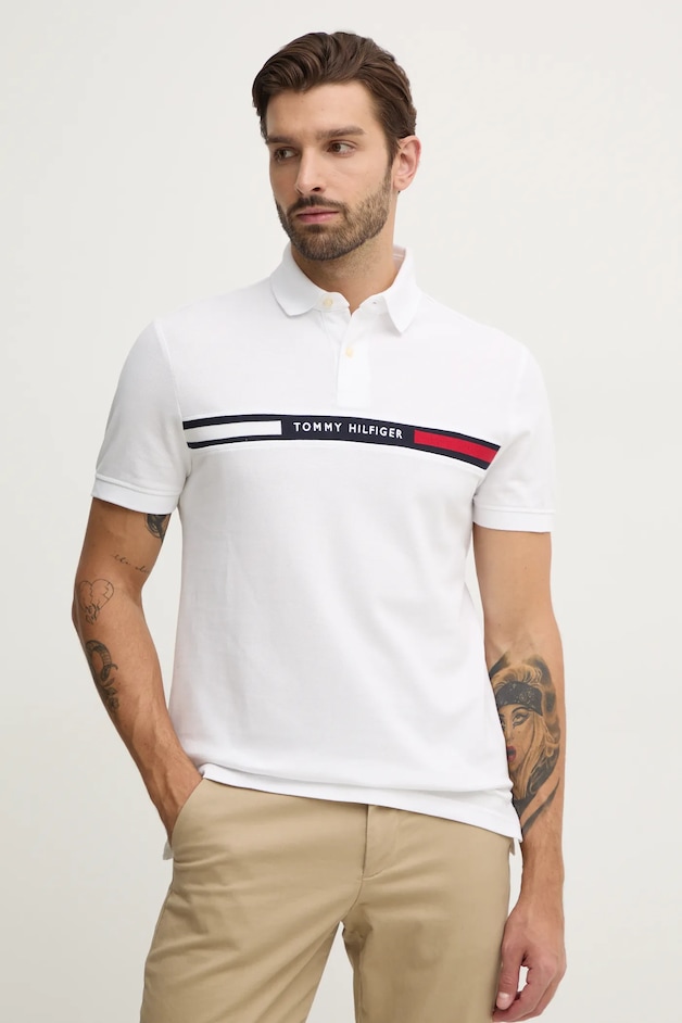 Tommy Hilfiger Tricou polo barbati, culoarea alb, cu imprimeu, MW0MW38130