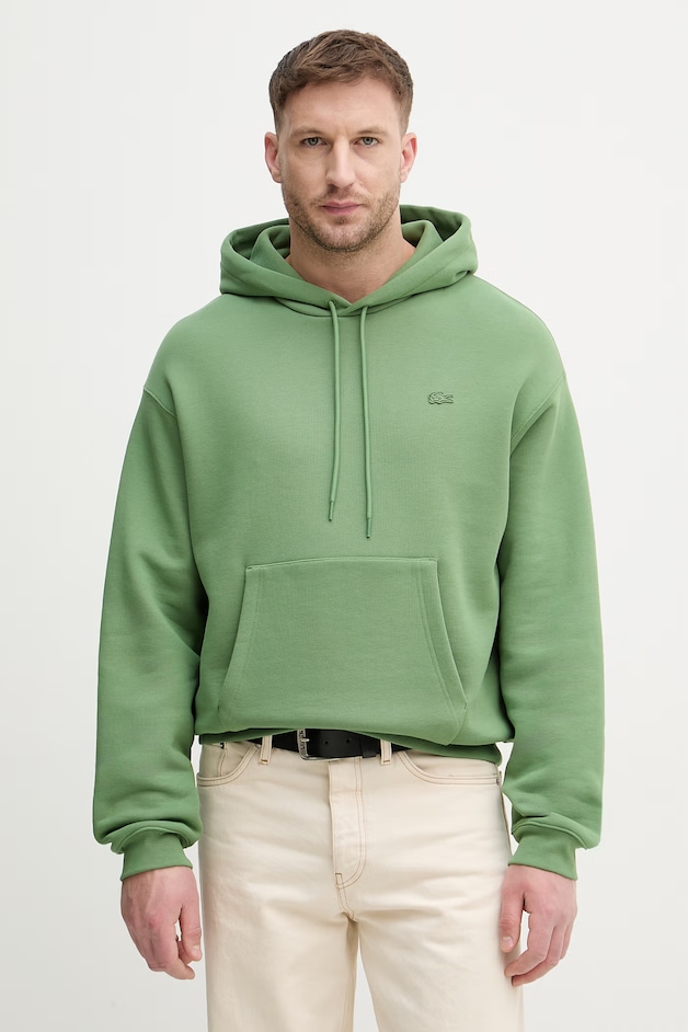 Lacoste Hanorac de bumbac culoarea verde, cu glugă, uni, SH7741