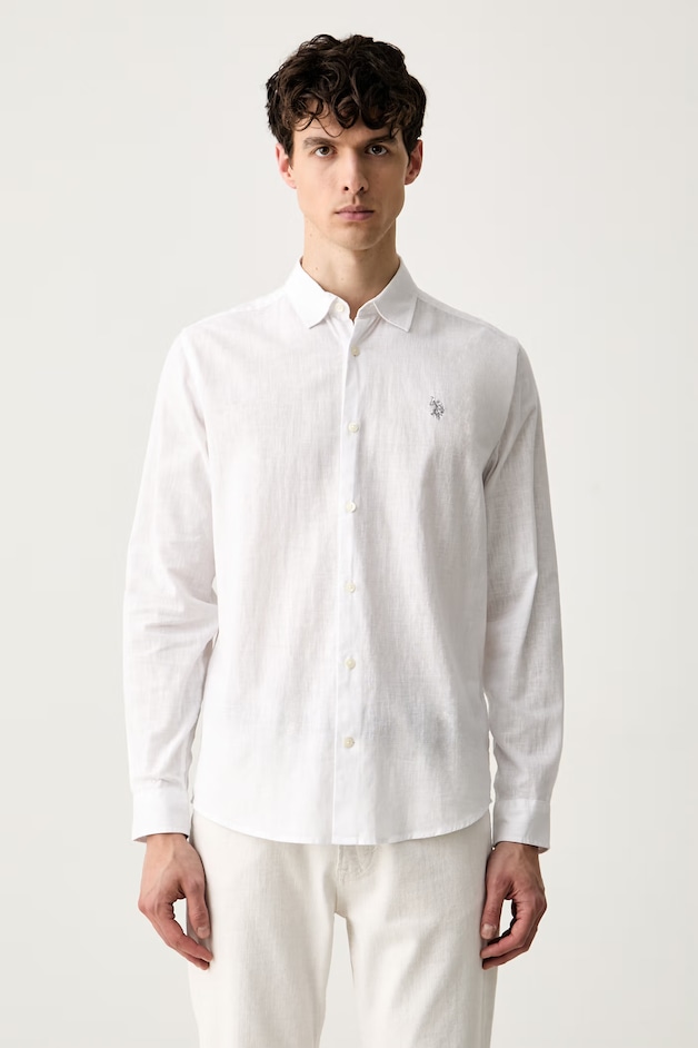 U.S. Polo Assn. Cămașă safari pentru bărbați cu in LINEN BLEND LS albă simplă MUP3248