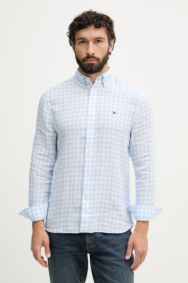 Tommy Hilfiger Cămașă bărbătească din in albastră cu carouri MW0MW42401