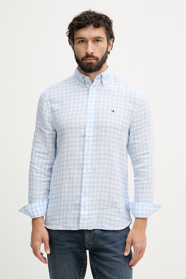 Tommy Hilfiger Cămașă bărbătească din in albastră cu carouri MW0MW42401