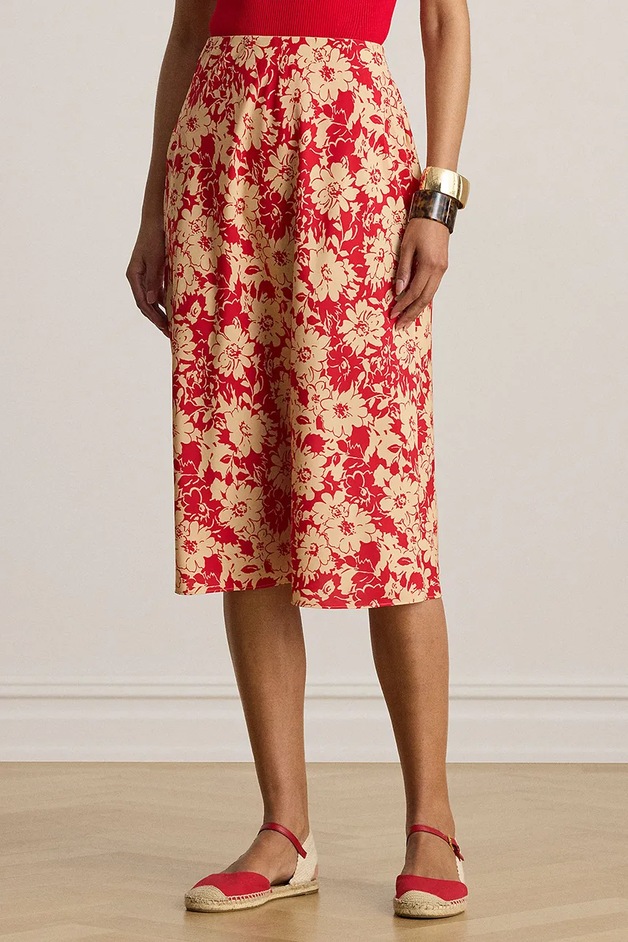 Lauren Ralph Lauren Fustă culoarea rosu, midi, evazati, 200P08689