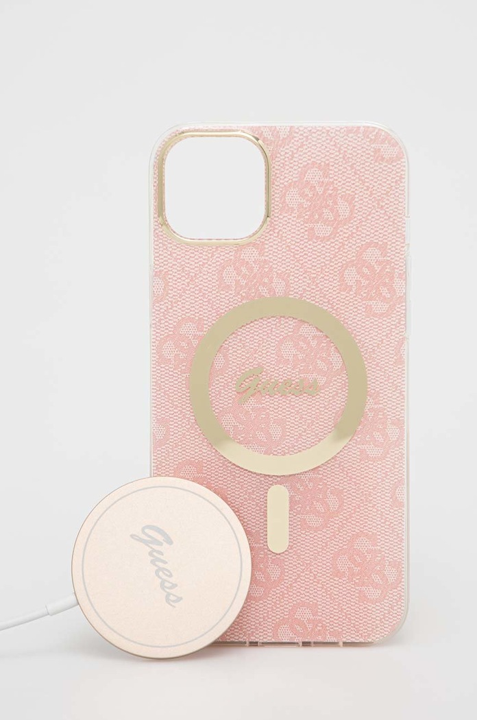Зарядно и калъф за телефон Guess iPhone 14 Plus 6,7'' надпис розов GUBPP14MH4EACSP