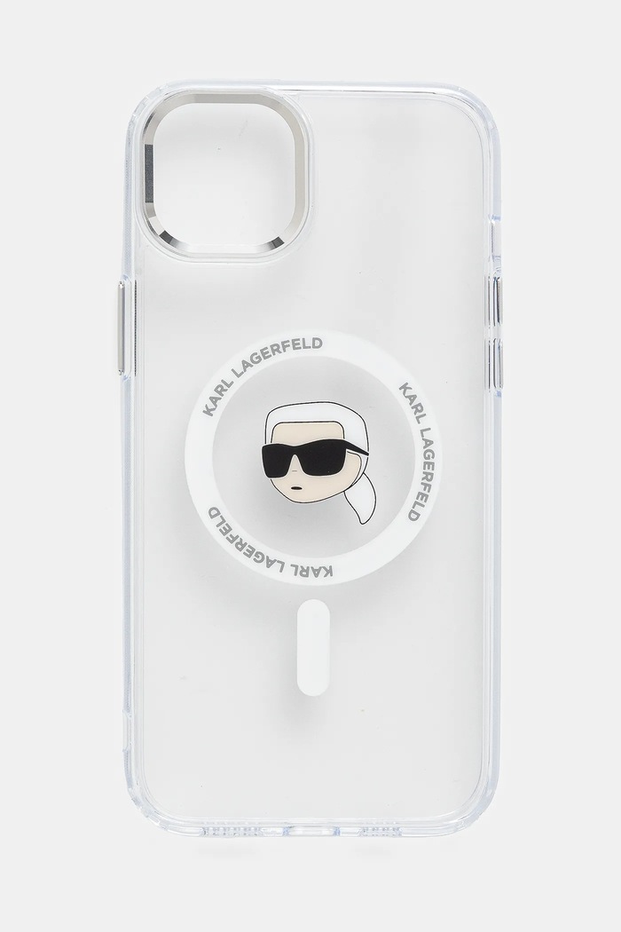 Karl Lagerfeld custodia per telefono iPhone 15 Plus sovrastampa bianco KLHMP15MHLSKIH