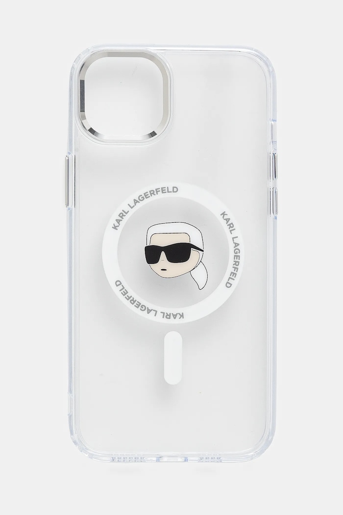 Karl Lagerfeld custodia per telefono iPhone 15 Plus sovrastampa bianco KLHMP15MHLSKIH