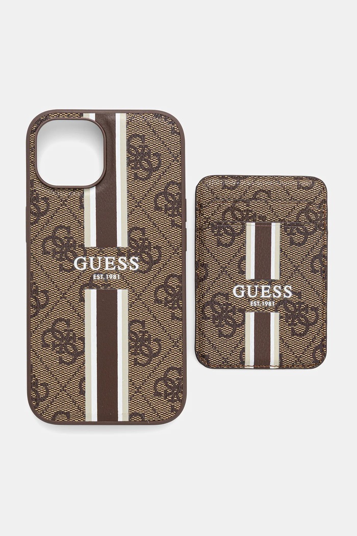 Puzdro na mobil Guess iPhone 15 na mobil hnedá GUBPHCP15SP4RPSW