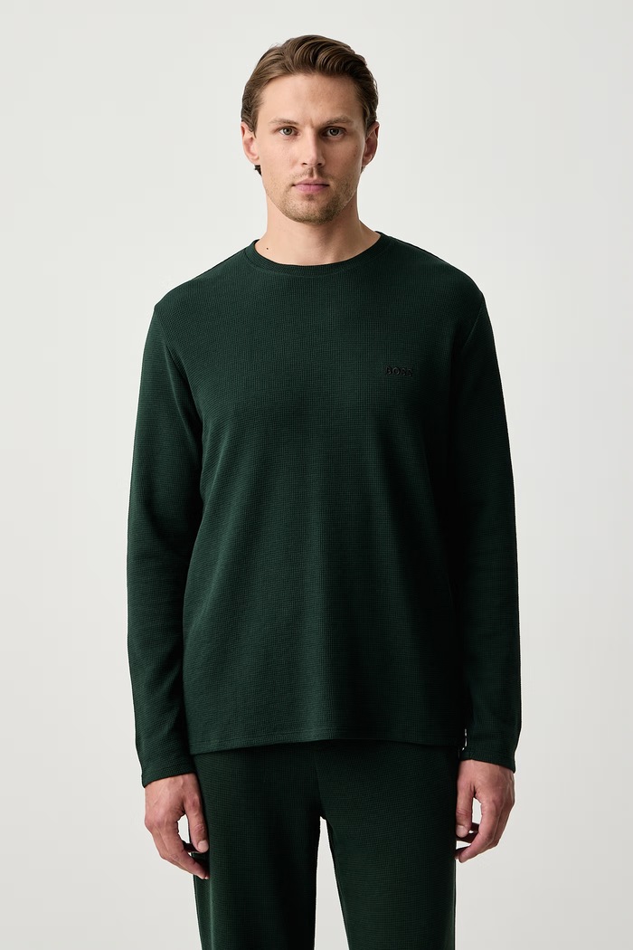 BOSS Longsleeve lounge męski z bawełną Waffle LS-Shirt zielony 50535870