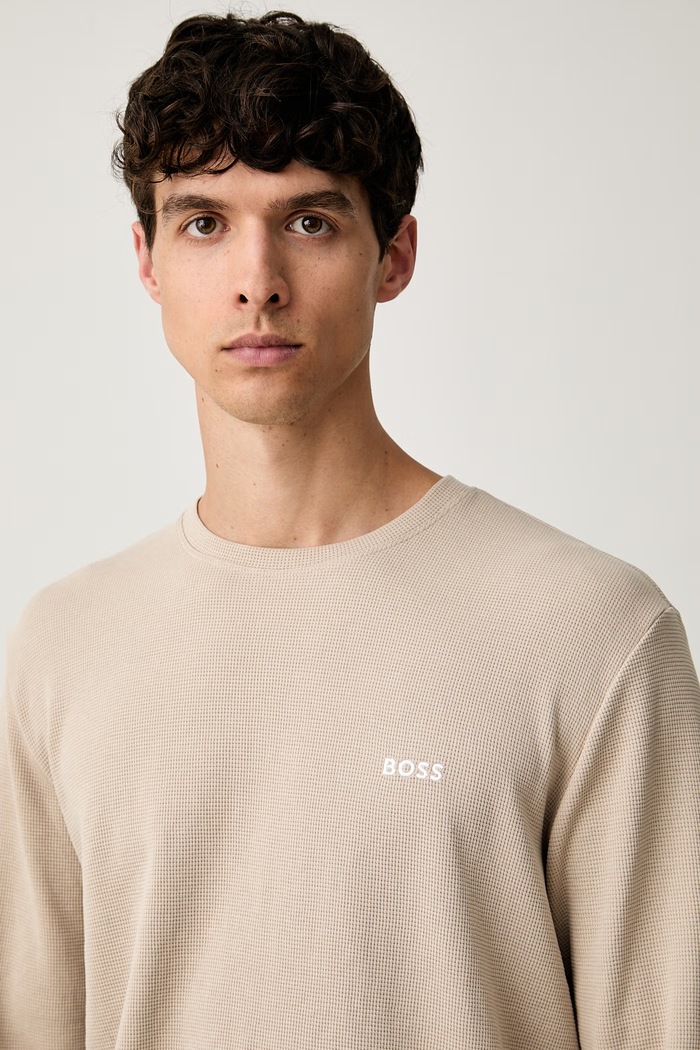 BOSS tričko s dlhým rukávom lounge pánske s bavlnou Waffle LS-Shirt béžová 50535870