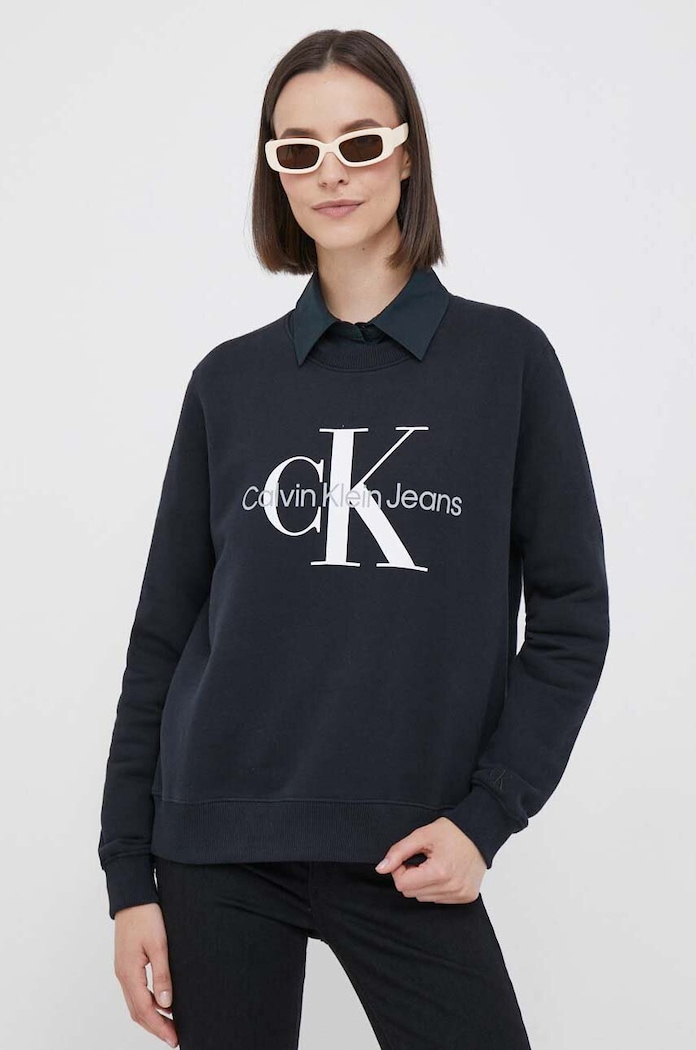 Bavlněná mikina Calvin Klein Jeans bez kapuce černá J20J219140
