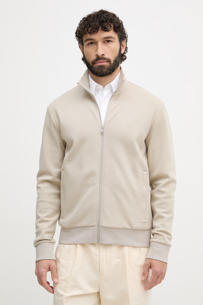 BOSS mikina na zips pánska s bavlnou H-Shepherd 100 béžová 50532755