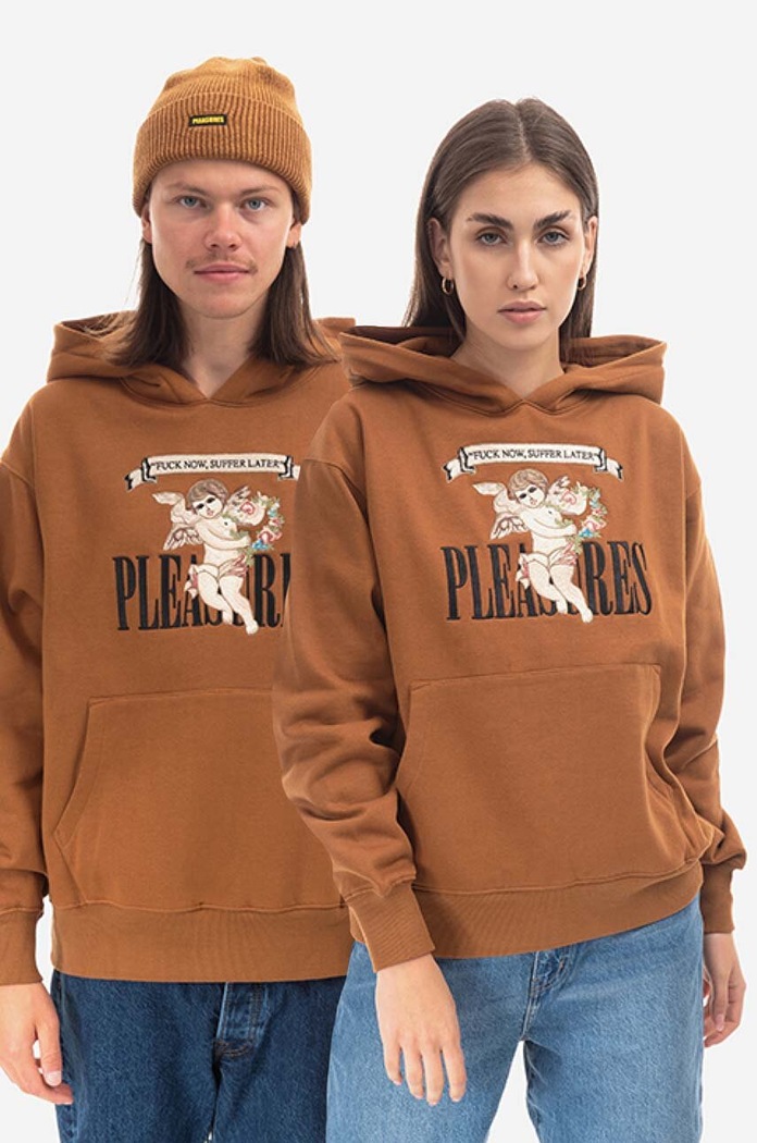 Mikina PLEASURES Suffering Hoodie nášivka hnědá P22F043