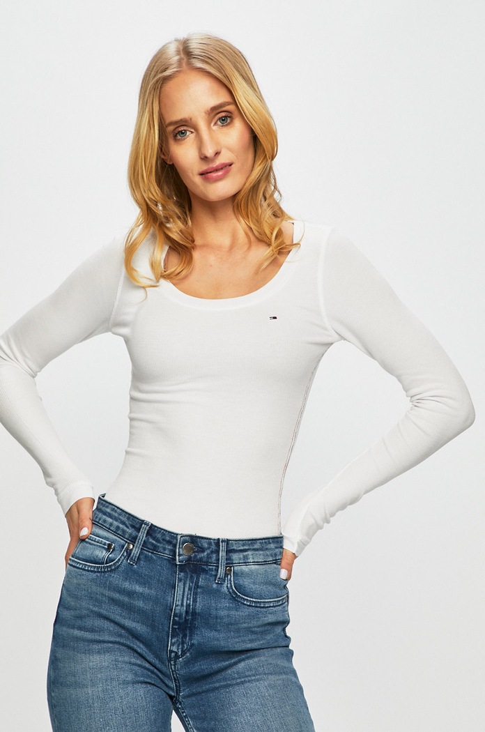 Tommy Jeans - Longsleeve DW0DW04708 z elastanem biały DW0DW04708