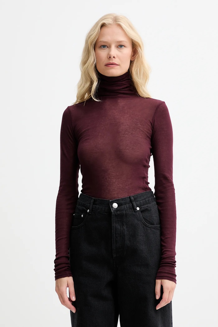 American Vintage longsleeve pentru femei din bumbac T-SHIRT ML COL ROULE burgundia MAS08