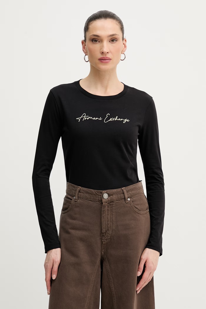 Bombažna majica z dolgimi rokavi Armani Exchange Našitek črna XW001456.AF10356.NOS