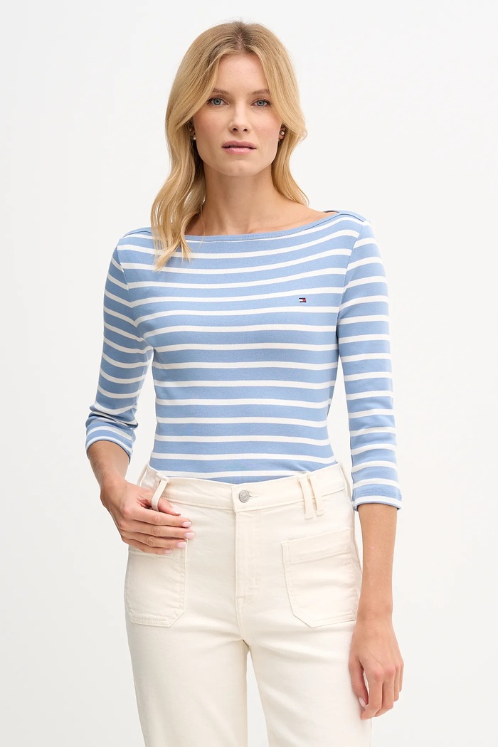 Tommy Hilfiger tričko s dlouhým rukávem dámské bavlněné pruhy modrá WW0WW40589.