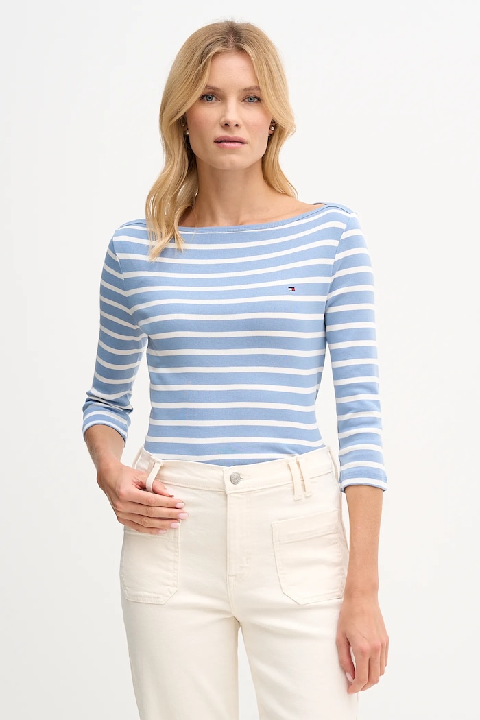 Tommy Hilfiger tričko s dlouhým rukávem dámské bavlněné pruhy modrá WW0WW40589.