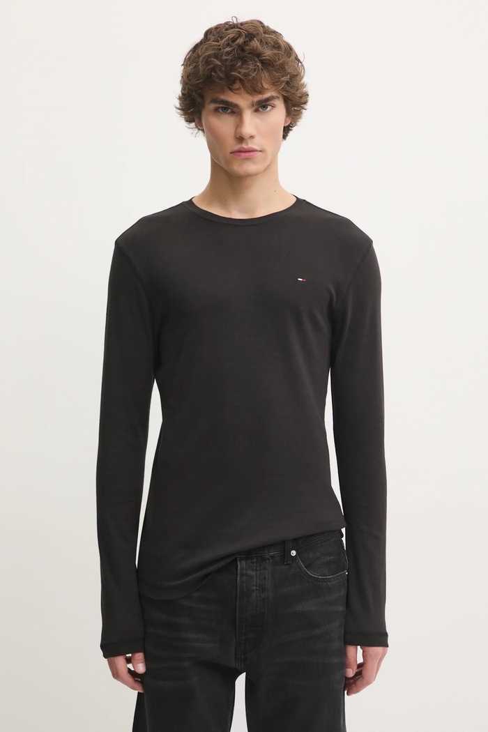 Tommy Jeans - Pánske tričko s dlhým rukávom jednofarebný čierna DM0DM04409