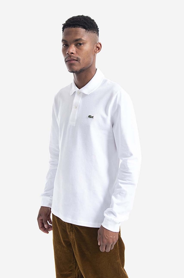 Lacoste tričko s dlouhým rukávem pánské bavlněné hladký bílá L1312.001