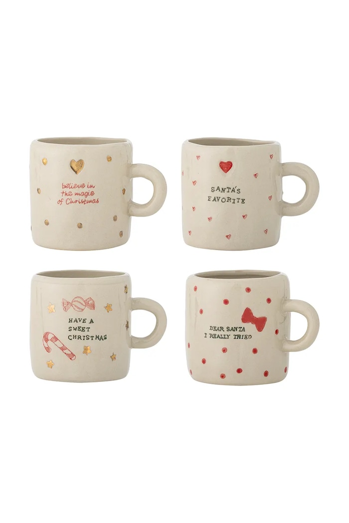 Bloomingville Zestaw kubków świątecznych z kamionki 4-pack Christy 260 ml beżowy 82073204