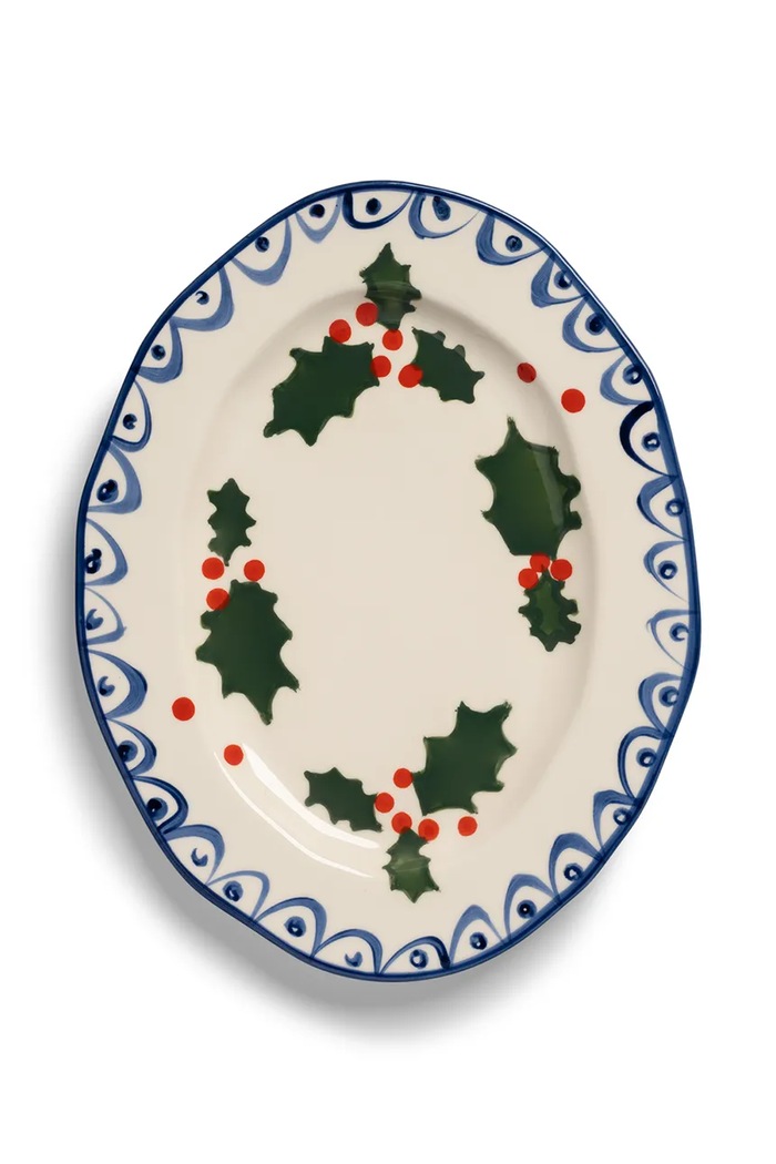 &k amsterdam Talerz świąteczny z porcelany Holly L niebieski 2193.09