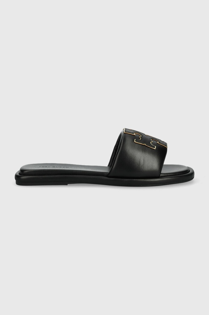 Δερμάτινες παντόφλες Tory Burch Double T Sport Slide φλατ μαύρο 79985.013.N
