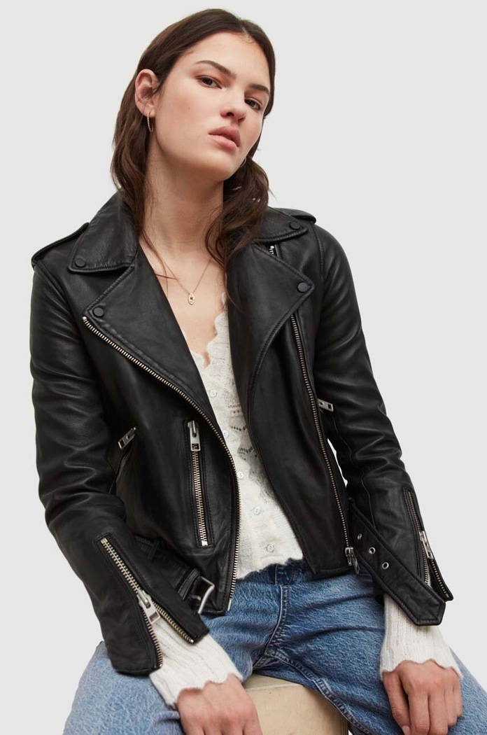 AllSaints - Kožená bunda Balfern Biker krivák čierna WL115E