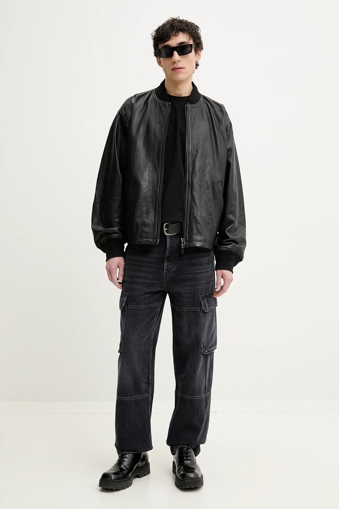 Kožená bunda bomber Diesel L-KHAT JACKET A16865.0PFAH čierna AA00