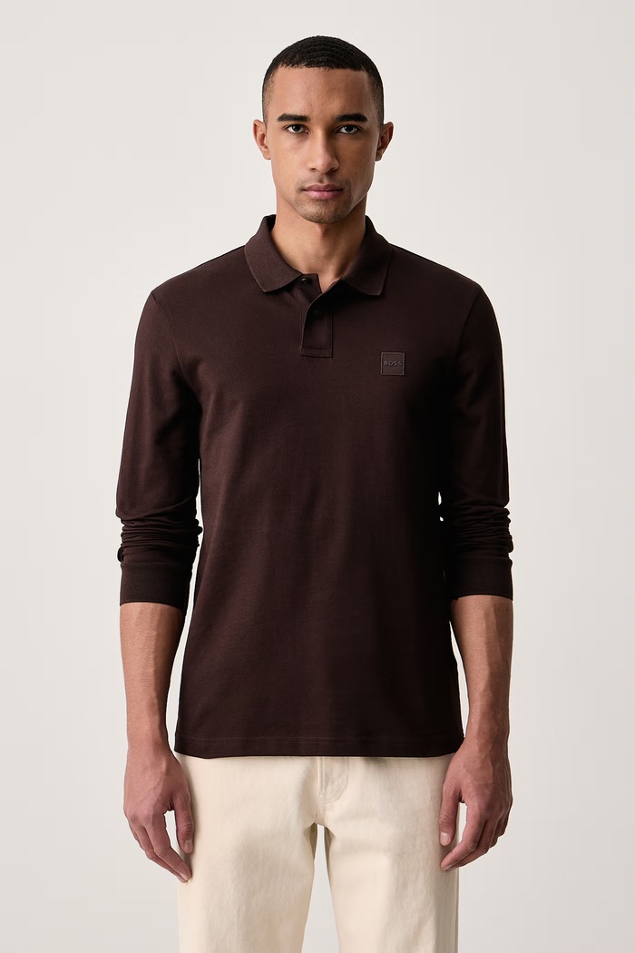 BOSS Orange Longsleeve męski bawełniany z elastanem Passerby brązowy 50507704