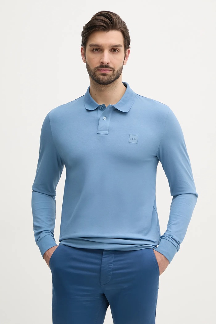 BOSS Orange longsleeve męski bawełniany z elastanem Passerby z elastanem niebieski 50507704