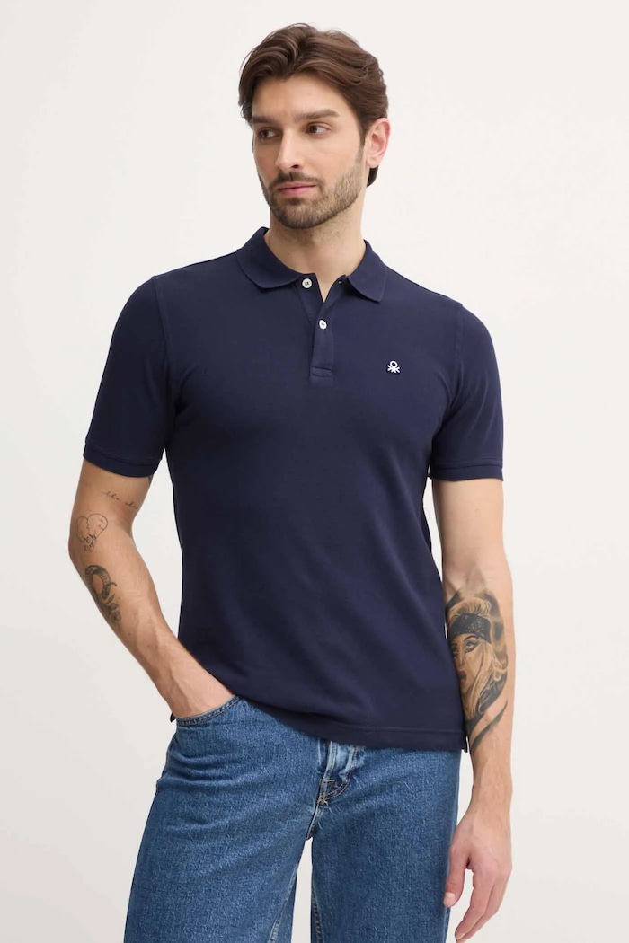 United Colors of Benetton polo majica moška bombažna z elastanom Brez vzorca mornarsko modra 3WG9U301Z