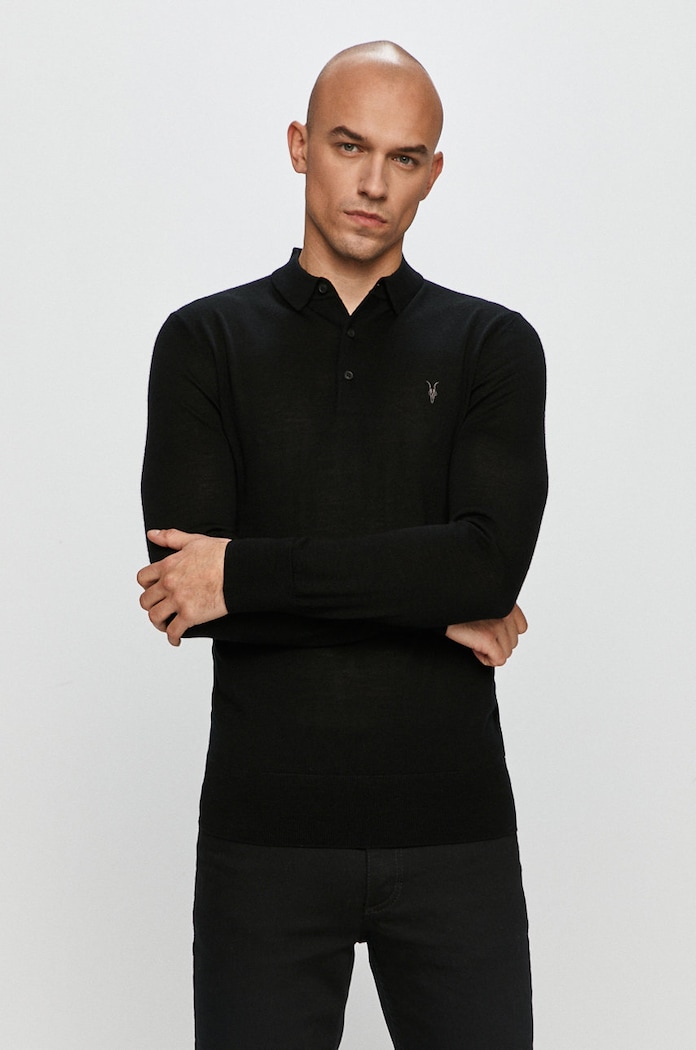 AllSaints - Tričko s dlhým rukávom Mode Merino LS Polo so zapínaním čierna MK005D