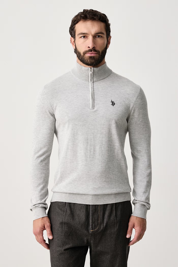 U.S. Polo Assn. Sweter męski z bawełną Rich Funnel 1/4 Zip szary MUP2963
