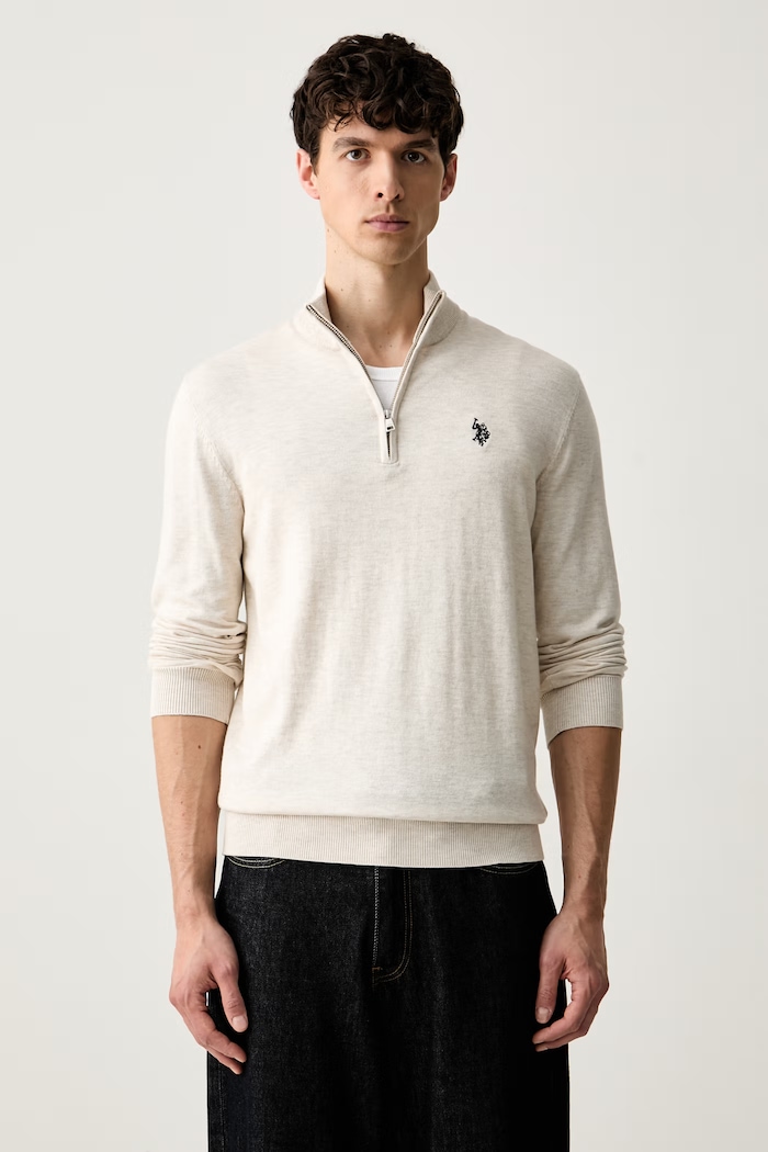 U.S. Polo Assn. sweter męski z bawełną Rich Funnel 1/4 Zip beżowy MUP2963
