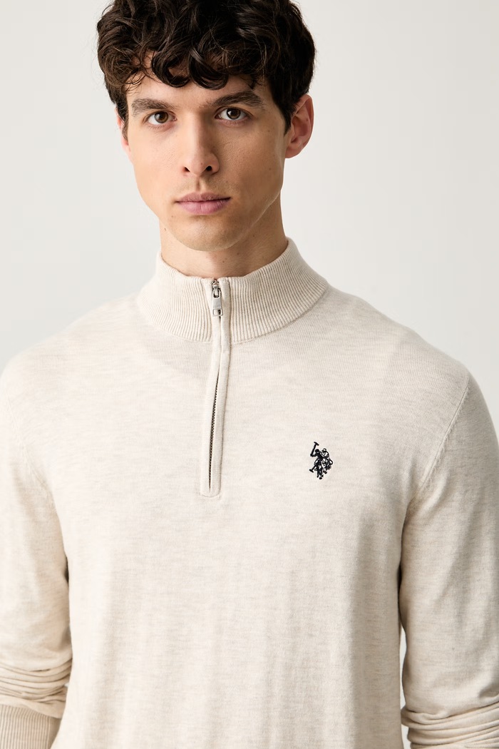 U.S. Polo Assn. sweter męski z bawełną Rich Funnel 1/4 Zip beżowy MUP2963