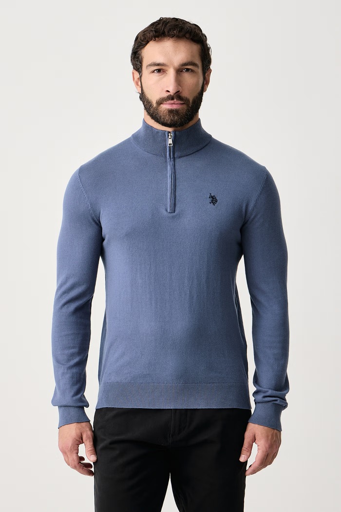 U.S. Polo Assn. Sweter męski z bawełną Rich Funnel 1/4 Zip niebieski MUP2963