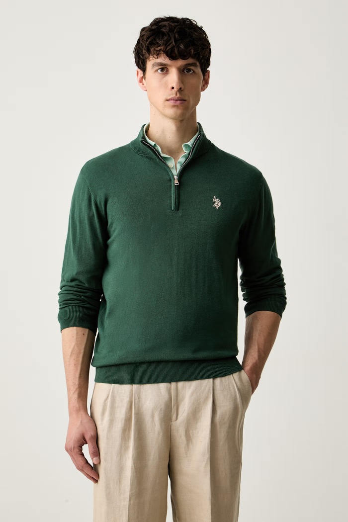 U.S. Polo Assn. sweter męski z bawełną Rich Funnel 1/4 Zip zielony MUP2963