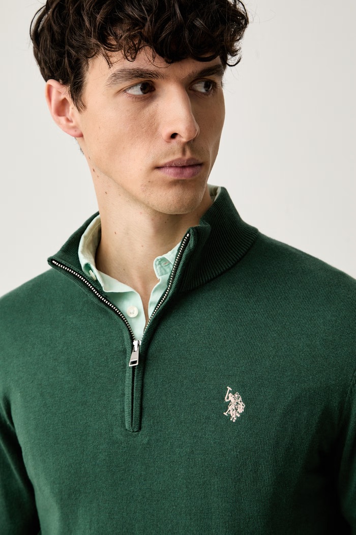 U.S. Polo Assn. sweter męski z bawełną Rich Funnel 1/4 Zip zielony MUP2963