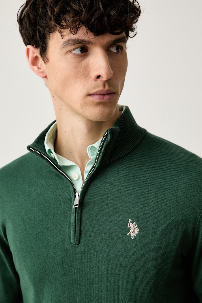 U.S. Polo Assn. sweter męski z bawełną Rich Funnel 1/4 Zip zielony MUP2963