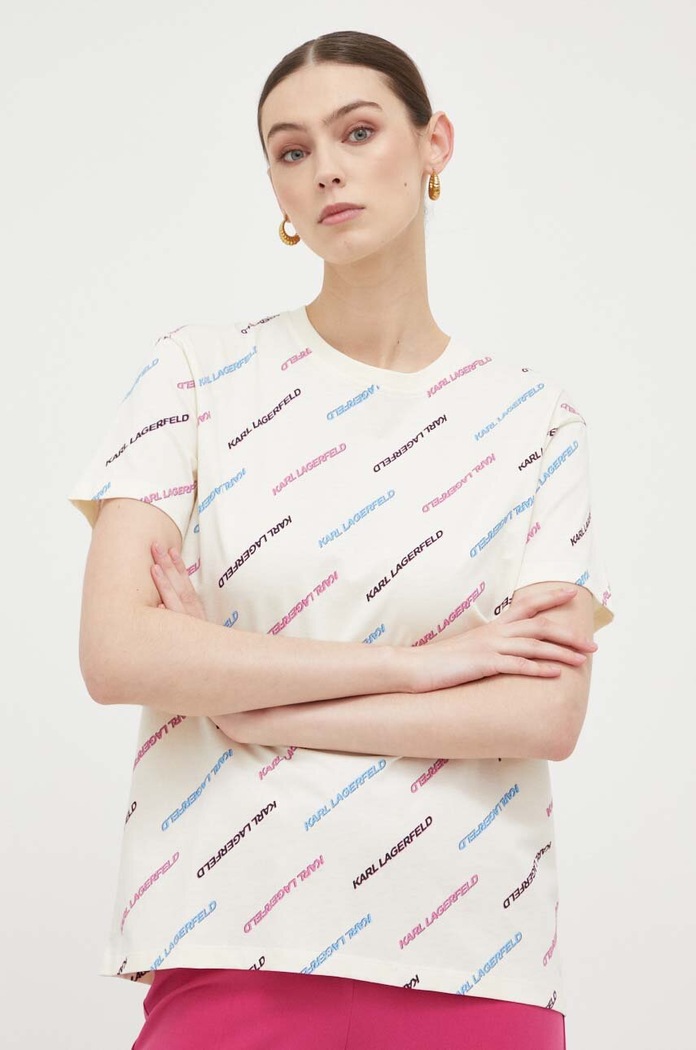 Karl Lagerfeld t-shirt bawełniany wzorzyste beżowy 225W1700
