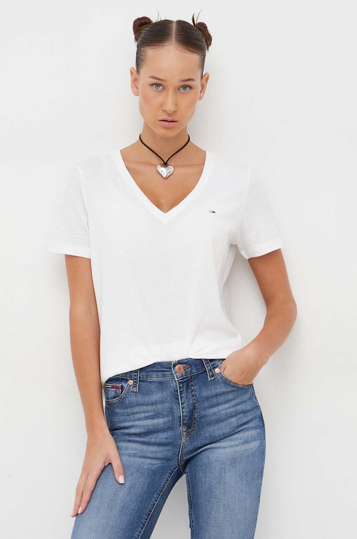Bavlněné tričko Tommy Jeans slim bílá DW0DW14617.NOS